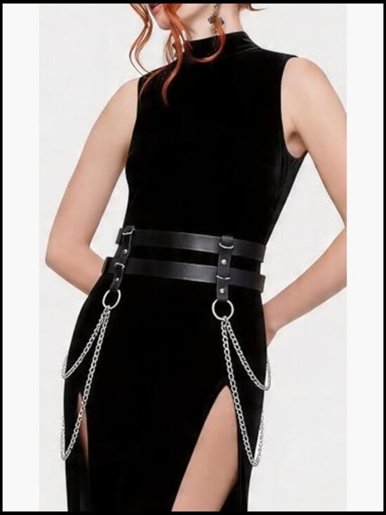 Punk Goth Chain Waist Harness Belt Adjustable Double-Layer PU Leather Statement main image 5
